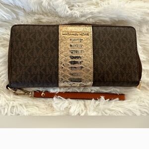 Michael Kors Brown Wallet with Gold Center Panel and Wrist Strap
